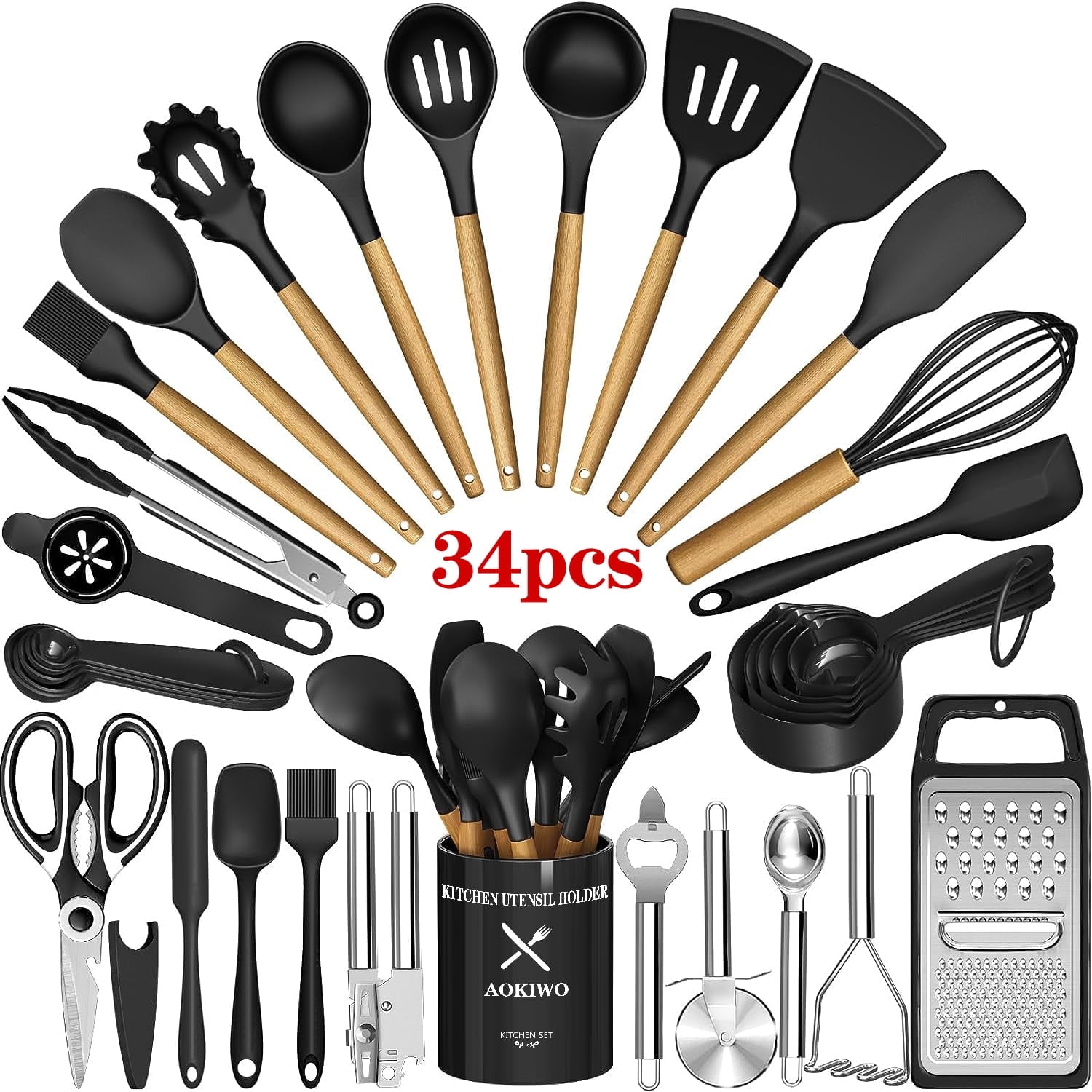 AOKIWO Kitchen Utensils Set- 34PCS Silicone Cooking Utensil Set with Wooden Handles, Heat Resistant Kitchen Spatula Gadgets Tools Set for Nonstick Cookware-Black - Walmart.com
