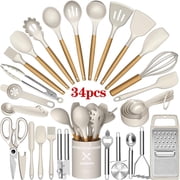 Kitchen Utensil Set, AOKIWO 34Pieces Silicone Cooking Utensil Set with Wooden Handle, Heat Resistant Spatula Set Gadgets Tools Cookware, Khaki