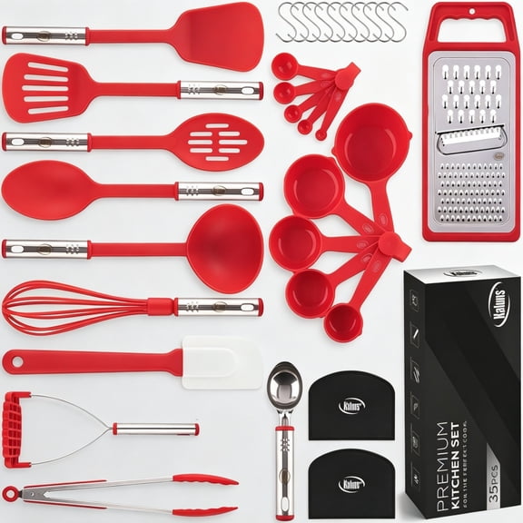 Kitchen Utensils Set 35 PCS Cooking Utensils Set, Nonstick and Heat Resistant Nylon Stainless Steel Silicone Spatula Set - Kitchen Gadgets Home Essentials Kitchen Accessories, Apartment Must Haves