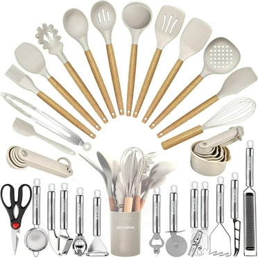 Kitchen Utensil Set - 35 Pieces Cooking Utensils with Grater, Tongs, Spoon, Spatula and Turner Made of Heat Resistant Food Grade Silicone and Wooden Handles, Kitchen Gadget Set for Non-stick Pans