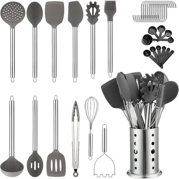Kitchen Utensils Set,  38 count Non-  Cooking Utensils Set, Spoon Spatula Set with Sturdy Stainless  Utensil Holder, Dishwasher Safe