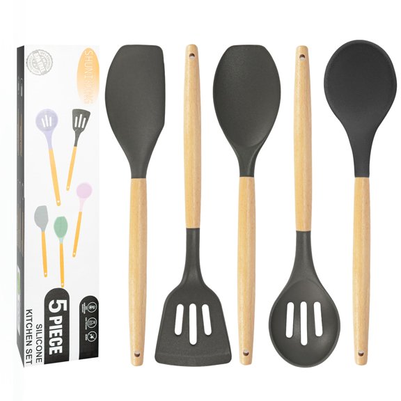 Kitchen Utensils Set, 5 Pcs Non-Stick Silicone Kitchen Cooking Utensils with Wooden Handle, Kitchen Spatula Cookware Utensils Set, Heat Resistant Silicone Kitchen Gadgets (Light Green)