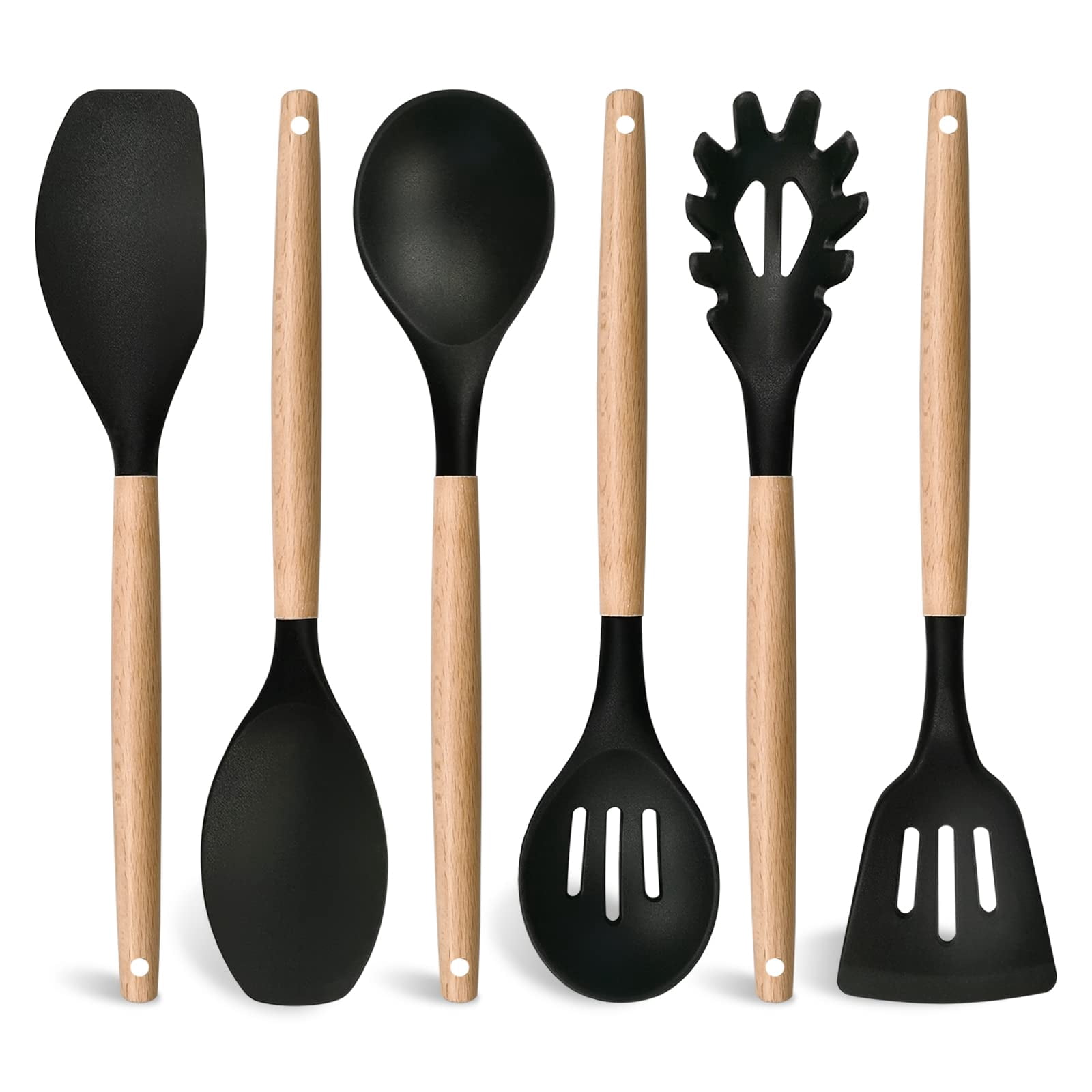 Kitchen Utensils Set of 6, E-far Silicone Cooking Utensils with Wooden ...