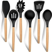 Kitchen Utensils Set of 6, VeSteel Silicone Cooking Utensils with Wooden Handle, Non-Stick Cookware & Heat Resistant, Includes Spatula/Ladle/Slotted Turner/Serving Spoon/Spaghetti Server(Black)