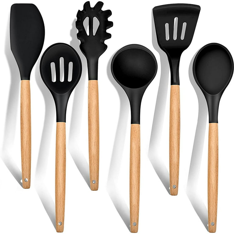 Kitchen Utensils Set of 6, VeSteel Silicone Cooking Utensils with Wooden  Handle, Non-Stick Cookware & Heat Resistant, Includes Spatula/Ladle/Slotted