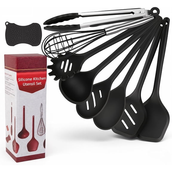 Kitchen Utensils Set,9 PCS Cooking Utensils Set Spatula Set,Non Cooking Utensils,Tongs,Spoon,Whisk,Brush, Kitchen Gadgets for Non-Stick Cookware, Essential(Black-9P)