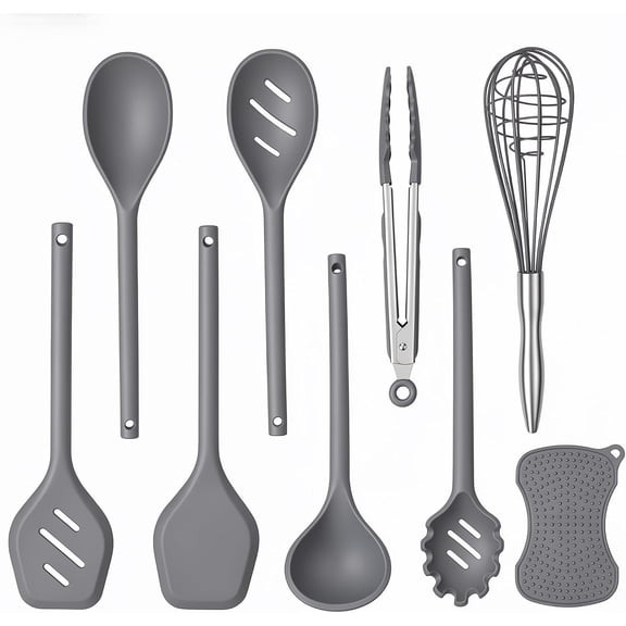 Kitchen Utensils Set,9 PCS Cooking Utensils Set Spatula Set,Tongs,Spoon,Whisk,Brush,Dishwasher Safe Kitchen Gadgets for Non-Stick Cookware, Essential,Kitchen Appliances Tool(Gray)