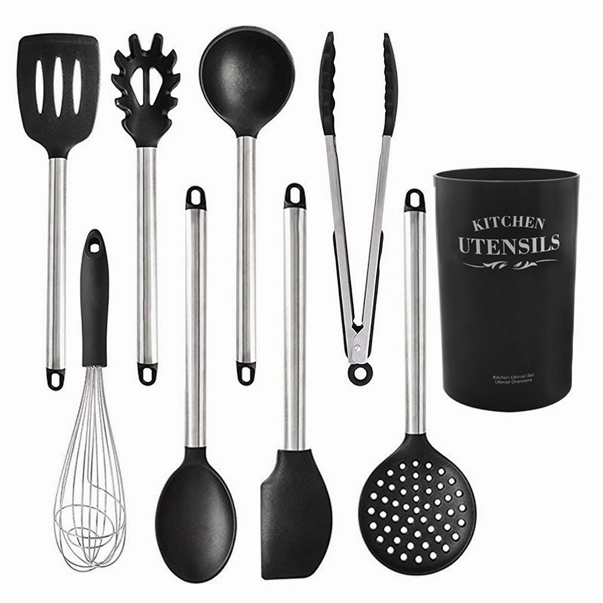 Kitchen Utensils Set-9 Pcs Non-Stick Silicone Cooking Utensils with Holder,Stainless Steel Handles, Black