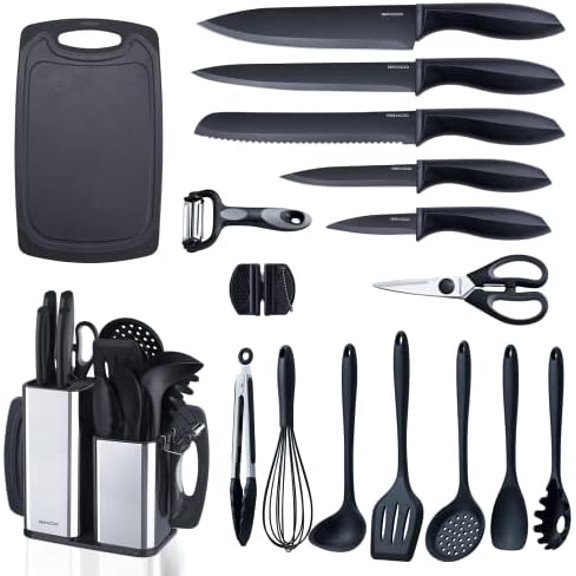 Kitchen Utensils Set For Cooking-7 Cooking Utensils,5 Kitchen Utensils,6 Knife set,utensilios de cocina(18-in-1) (Black)