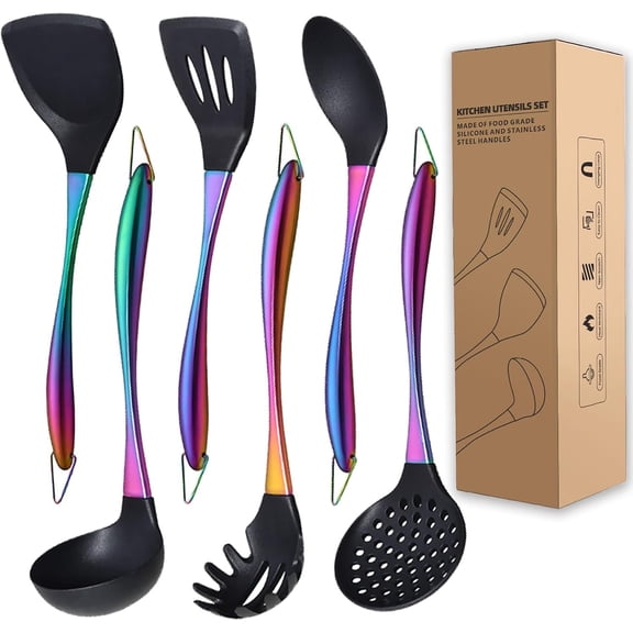 Kitchen Utensils Set, Large Non-stick  Cooking Utensils Set 6 count,Made of 446?F Heat Resistant  Grade  and Stainless Steel Handles,Easy to Clean Kitchen Gadgets Set (Rainbow)