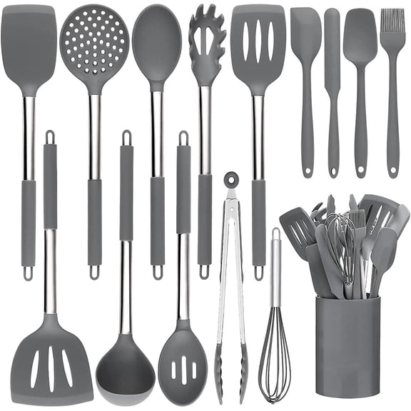 Kitchen Utensils Set for Professional Chefs, Heat Resistant Non-scratch Tools, Easy to Clean BPA Free Food Grade Silicone Cooking Accessories, 15 Piece Grey