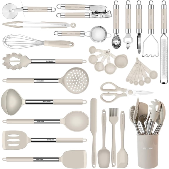 Kitchen Utensils Set-Silicone Cooking Utensils-33pcs Non-Stick Silicone Cooking Kitchen Utensils Spatula Set with Holder-Best Kitchen Cookware with Stainless Steel Handle (Khaki)