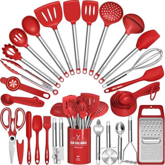 Kitchen Utensils Set- 34 PCs Cooking Utensils with Grater, Spoon Spatula, Heat Resistant Food Grade Silicone, Stainless Steel Handles Kitchen Gadgets Tools Set for Nonstick Cookware(Red)