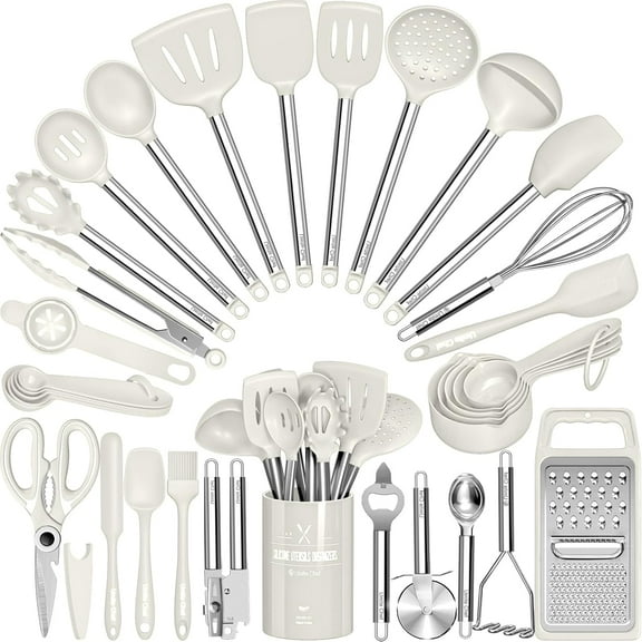 Kitchen Utensils Set-Umite Chef 34 Pcs Silicone Cooking Utensils Set for Nonstick Cookware-Silicone Spatulas Set, Stainless Steel Handle-Black Kitchen Gadgets Tools, Pots and Pans Accessories