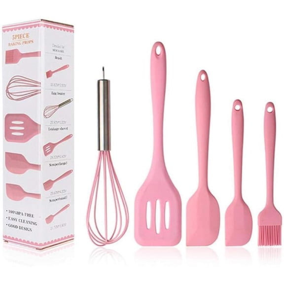 Kitchen Utensils,Silicone kitchenware 5-Piece Set Cooking Spoon Spatula Whisk Brush Kitchen Tool Color Box Packaging Cooking Tool Sets Wholesale-Pink