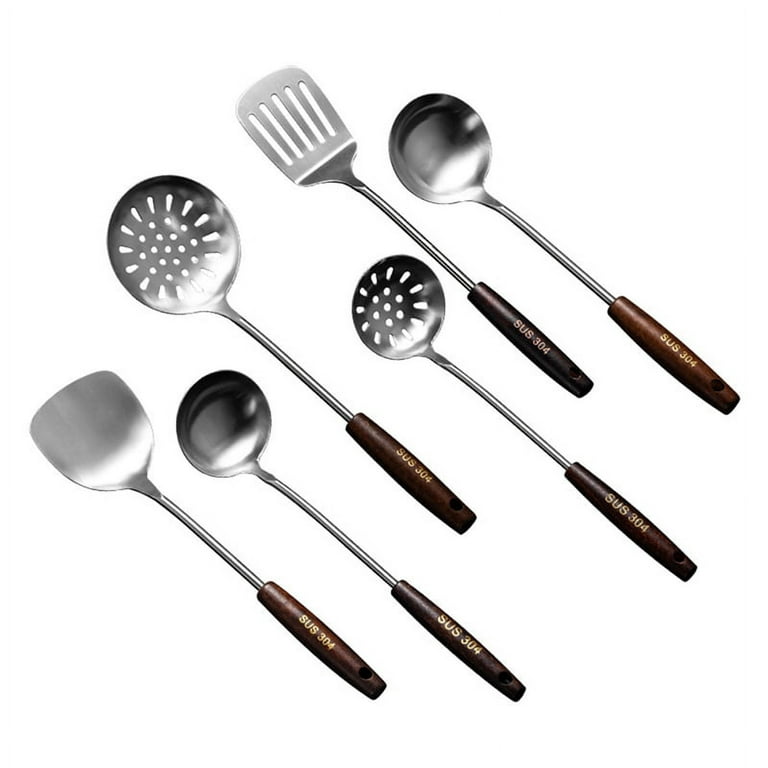 Wok Ladle and Spatula Utensils Set, Stainless Steel Soup Ladle Set, Long  Ladles Kitchen Utensil Metal Spatula with Wooden Handle, 16 Inch Wok Tools