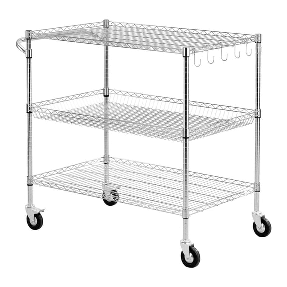 Kitchen Utility Cart 3 Tier - Heavy Duty Rolling Service Cart, Adjustable Steel Storage Rack for Garage, Laundry, 40x25x40.9 Inch