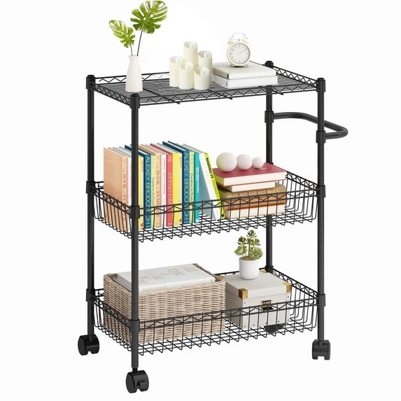 Kitchen Utility Cart, 3 Tier Rolling Cart, Metal Kitchen Cart On Wheels with Baskets, Wire Shelving Storage Cart, Utility Trolley with Handles for Kitchen Bathroom Office Laundry