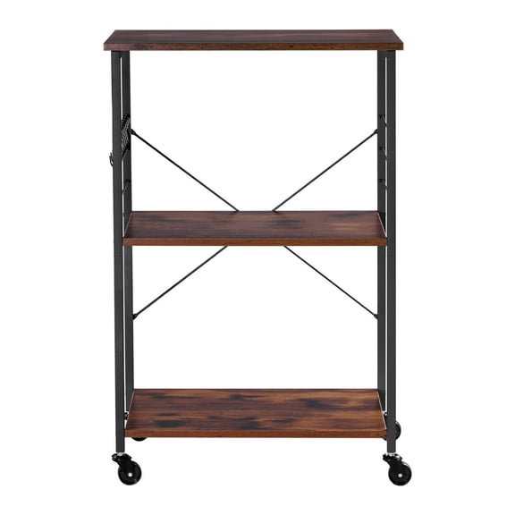 Kitchen Utility Cart 3 Tier Rolling Cart, Microwave Stand Coffee Cart, Heavy Duty Storage Rack, Industrial Trolley w/ 8 Hooks, for Oven, Toaster