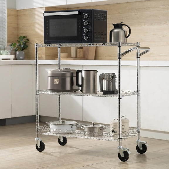 Kitchen Utility Cart, 3 Tiers, Wire Rolling Table with 661 LBS Capacity, Steel Service Desk on Wheels, Metal Storage Trolley with 80 mm Deep Basket Curved Handle PP Liner 6 Hooks