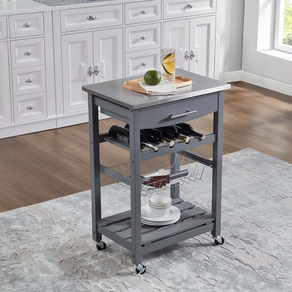 Kitchen Utility Cart,Mobile Rolling Kitchen Trolley Serving Cart With Underneath Drawer Slide-Out Metal Storage Basket