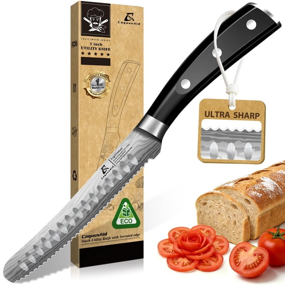 Kitchen Utility Knife, 5 inch Serrated Ultra Sharp Blade, Paring knives, Round Tip Tomato Knife, Ergonomic Handle, Full Tang  Forged High Carbon German Steel, Ideal for Gift (Black)