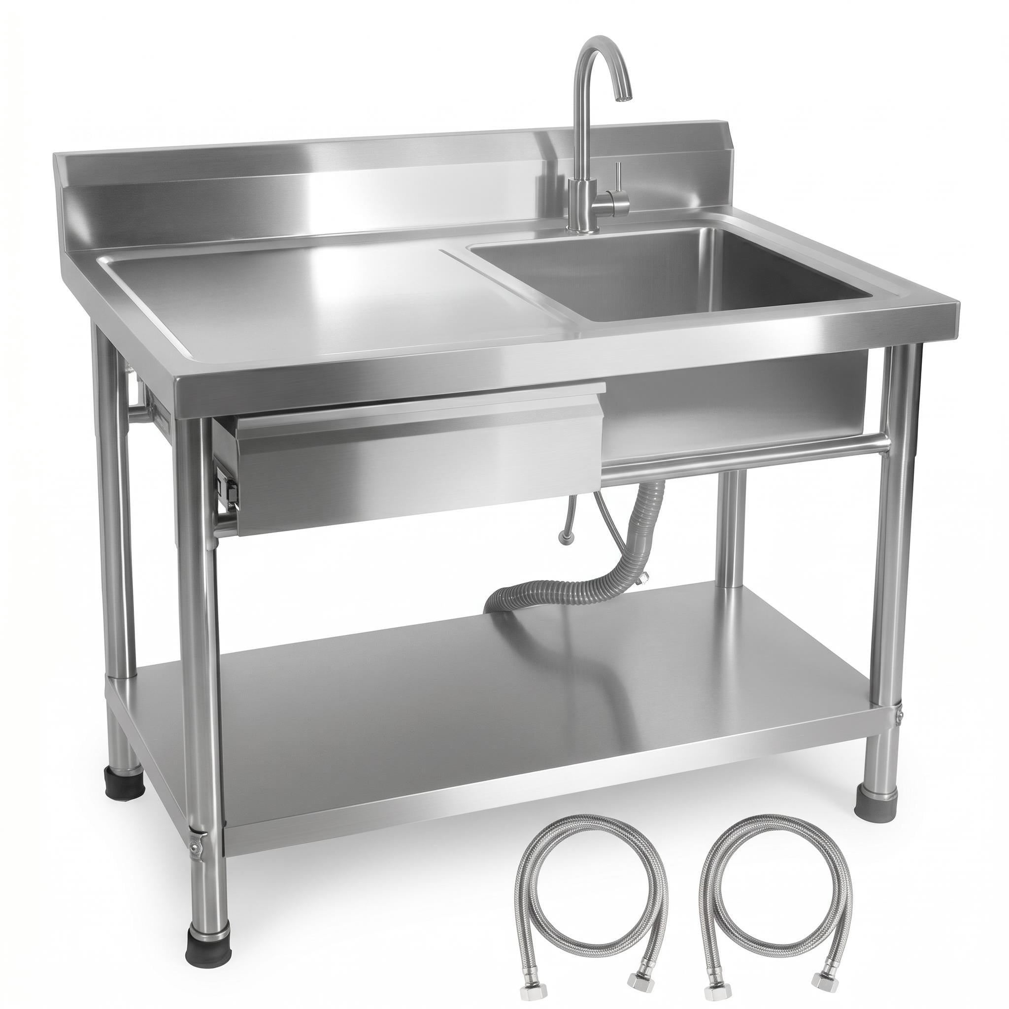 Kitchen Utility Sink, Silver 304 Rust-Proof Design, 360° Swivel Faucet, Hot Cold Water Compatible, Free Standing Single Bowl Sink with Drawer for Farmhouse Commercial Kitchen