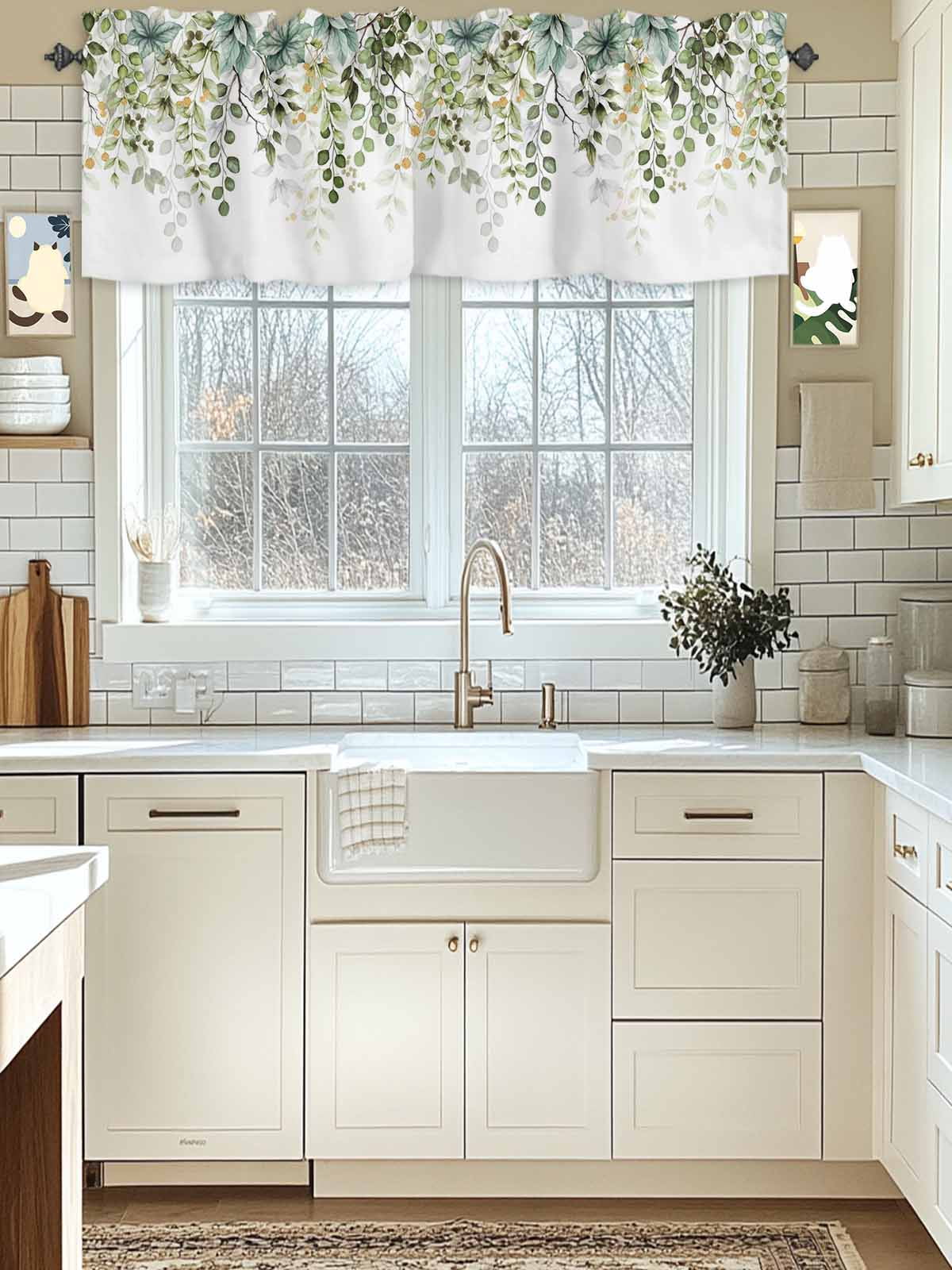 Kitchen Valance 54x18in, Abstract Gradient Sage Green Leaf Light