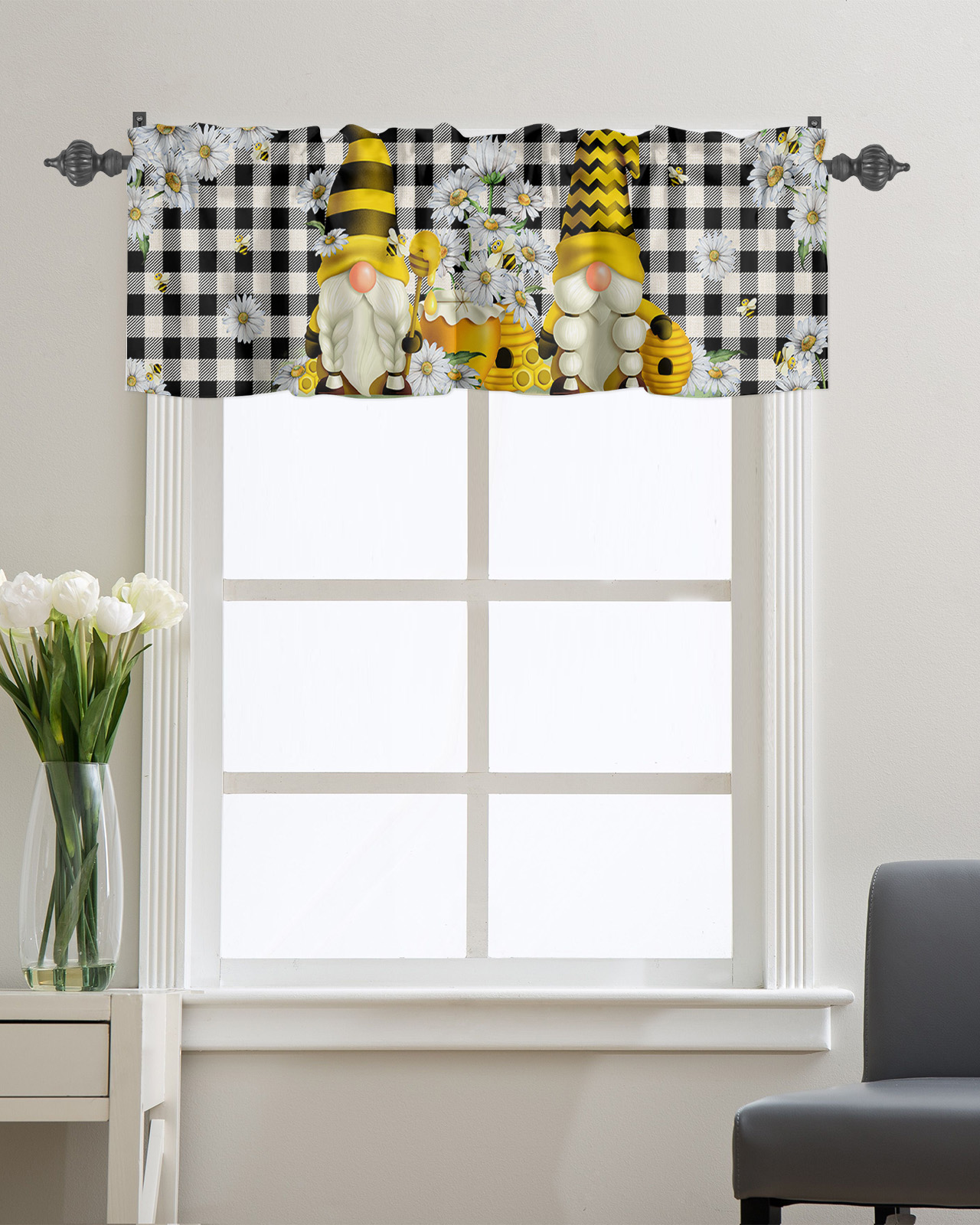 Kitchen Valance Curtain for Small Windows,Gnome with Daisy Flower Honey ...