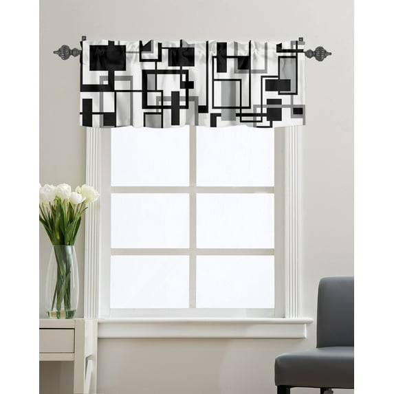 Kitchen Valance Curtain for Small Windows,Minimalist Geometry Square Stripe Rod Pocket Short Valances Black Grey Rectangle on White Window Treatment Panel for Living Room/Bedroom/Bathroom,54x18in
