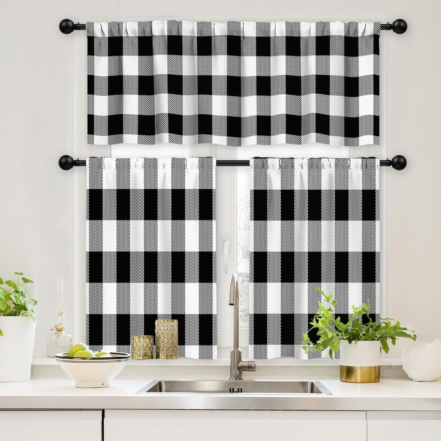Kitchen Valance Curtains Sets, Modern Country Farmhouse 3 Piece Black ...