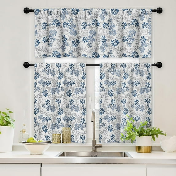 Kitchen Valance Curtains Sets, Sheer Kitchen Curtains, Short Half Curtains for Kitchen Windows, Blue Grey Modern Floral Kitchen Curtains Valance for Cafe Living Room Window Decor, Floral