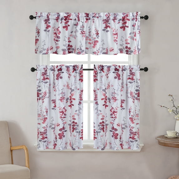 Kitchen Valance & Tier Curtain Set, Light Filtering Curtains, Floral White/Berry