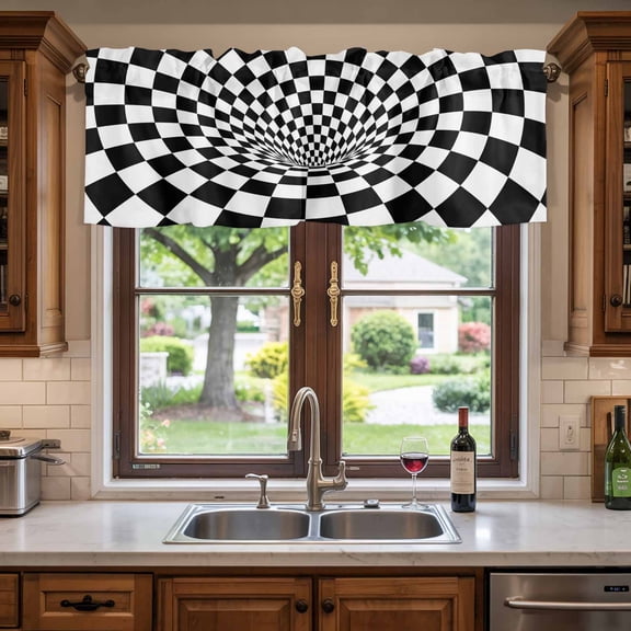 Kitchen Valances for Window, 3D Checkerboard Tunnel Light Filtering Rod Pocket Valance Curtain, Black White Optical Illusion &nbsp;Short Curtains Window Topper for Bedroom 60x18in