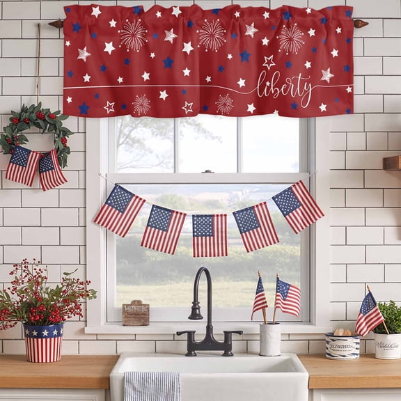 Kitchen Valances for Window, 4th of July White Blue Star on Red Light Filtering Rod Pocket Valance Curtain, Patriotic Liberty Concept &nbsp;Short Curtains Window Topper for Bedroom Bathroom 42x12in