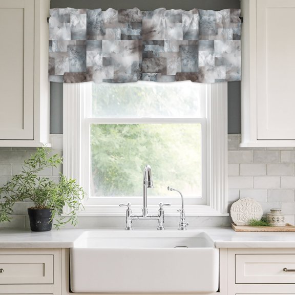 Kitchen Valances for Window, Abstract Art Square Ombre Light Filtering Rod Pocket Valance Curtain, Color Block Distortion Overlay Short Curtains Window Topper for Bedroom Bathroom 42x12in