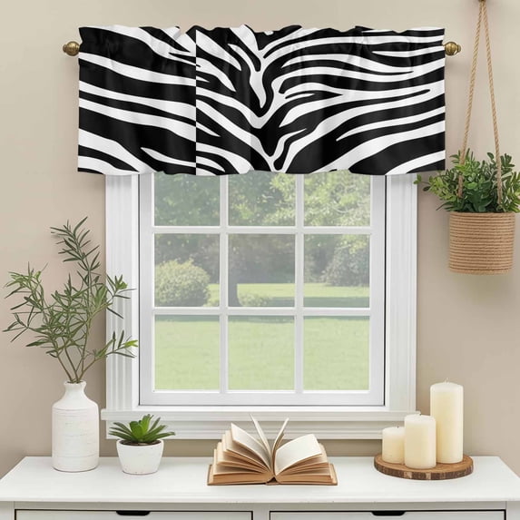 Kitchen Valances for Window, Abstract Black White Zebra Stripe Light Filtering Rod Pocket Valance Curtain, Animal Texture &nbsp;Short Curtains Window Topper for Bedroom Bathroom Living Room 60x18in