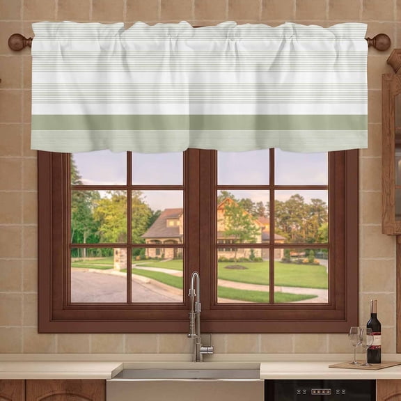 Kitchen Valances for Window, Abstract Classic Stripes Light Filtering Rod Pocket Valance Curtain, Sage Green Lines Short Curtains Window Topper for Bedroom 42x12in
