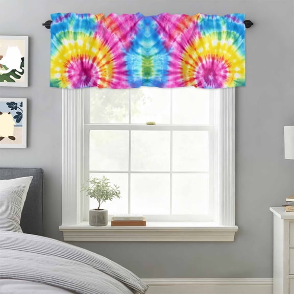 Kitchen Valances for Window, Abstract Colorful Tie-dye Texture Light Filtering Rod Pocket Valance Curtain, Rainbow Color Ombre Art &nbsp;Short Curtains Window Topper for Bedroom Bathroom 60x18in