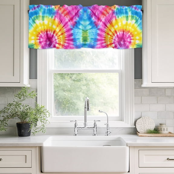 Kitchen Valances for Window, Abstract Colorful Tie-dye Texture Light Filtering Rod Pocket Valance Curtain, Rainbow Color Ombre Art Short Curtains Window Topper for Bedroom Bathroom 42x12in