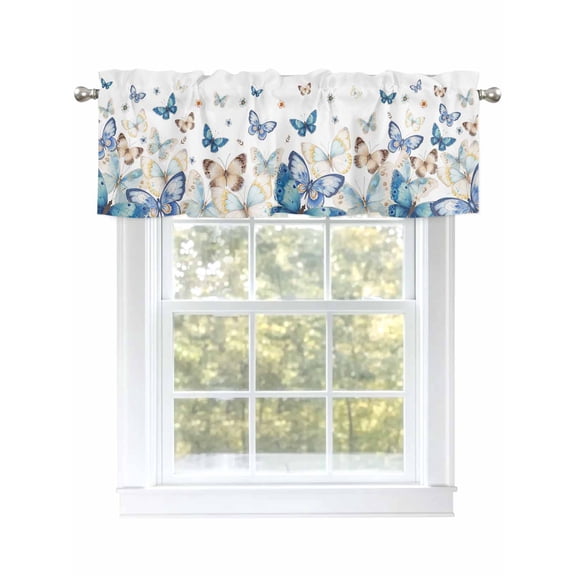 Kitchen Valances for Window, Abstract Country Butterfly Light Filtering Rod Pocket Valance Curtain, Blue Yellow Farmhouse Animal Short Curtains Window Topper for Bedroom 54x18in
