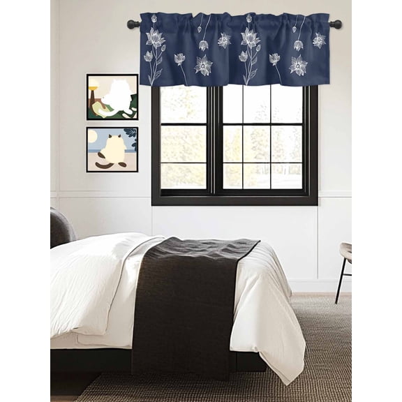 Kitchen Valances for Window, Abstract Flower Navy Blue Light Filtering Rod Pocket Valance Curtain, Minimalist Style Short Curtains Window Topper for Bedroom Bathroom Living Room 54x18in