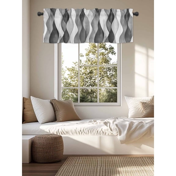 Kitchen Valances for Window, Abstract Grey Black Gradient Stripes Light Filtering Rod Pocket Valance Curtain, Modern Ripple Striped Short Curtains Window Topper for Bedroom Living Room 54x18in