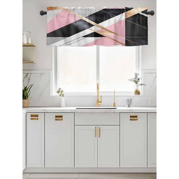 Kitchen Valances for Window, Abstract Marble Texture Pattern Light Filtering Rod Pocket Valance Curtain, Black White Pink Short Curtains Window Topper for Bedroom Bathroom Living Room 42x12in