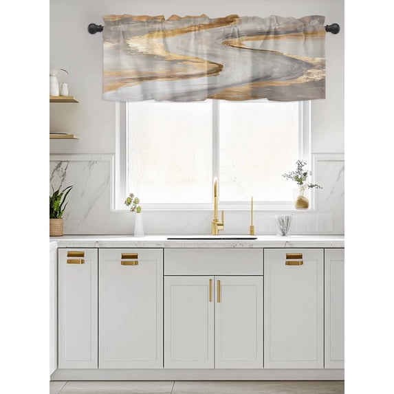 Kitchen Valances for Window, Abstract Marble Texture Pattern Light Filtering Rod Pocket Valance Curtain, Gray Gold Gradient Short Curtains Window Topper for Bedroom Bathroom Living Room 60x18in