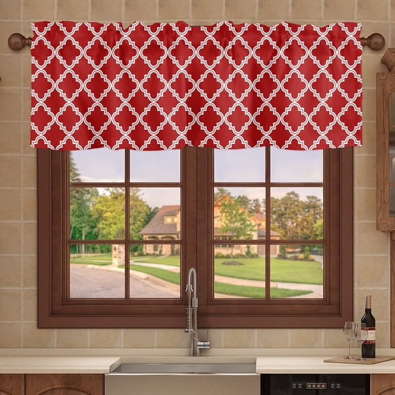 Kitchen Valances for Window, Abstract Morocco Tile Plaid Art Light Filtering Rod Pocket Valance Curtain, Modern Farm Lattice on Red Short Curtains Window Topper for Bedroom 54x18in