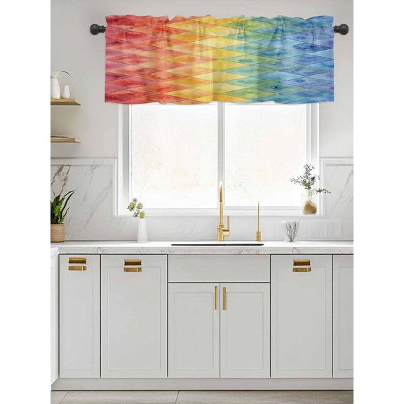 Kitchen Valances for Window, Abstract Rainbow Geometric Light Filtering Rod Pocket Valance Curtain, Gradient Diamond Shape Short Curtains Window Topper for Bedroom Bathroom Living Room 42x12in