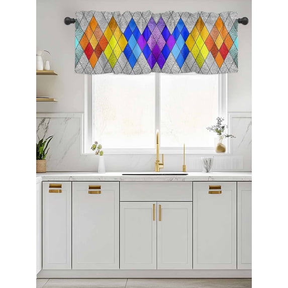 Kitchen Valances for Window, Abstract Splicing Glasses Diamond Light Filtering Rod Pocket Valance Curtain, Geometric Art Color Ombre Short Curtains Window Topper for Bedroom 42x12in