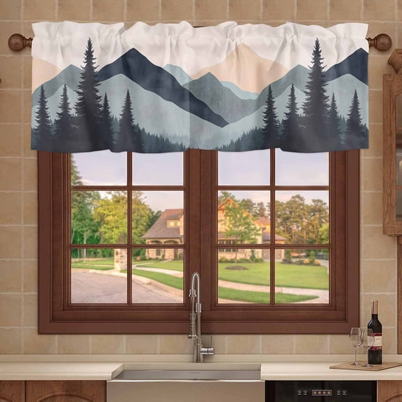 Kitchen Valances for Window, Abstract Tree Mountain Silhouette Light Filtering Rod Pocket Valance Curtain, Modern Forest Peaks Landscape Short Curtains Window Topper for Bedroom 42x12in