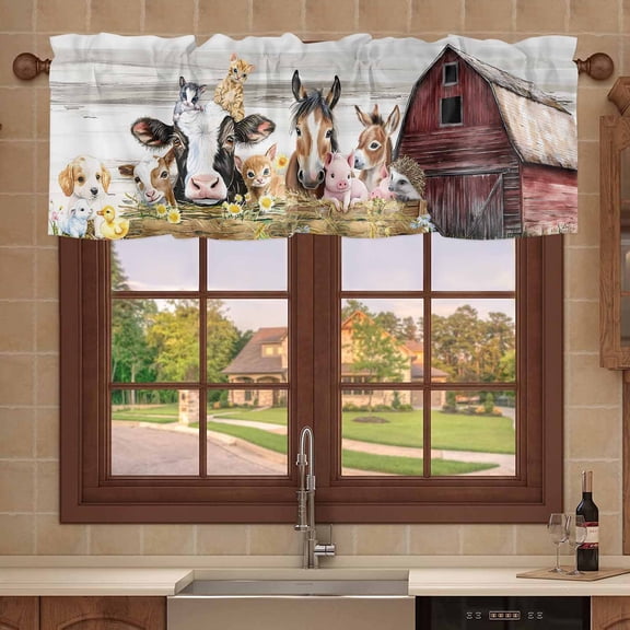 Kitchen Valances for Window, Animal Pig Cow Farm Barn Light Filtering Rod Pocket Valance Curtain, Retro Fence Country Wheat Harvest Short Curtains Window Topper for Bedroom 42x18in